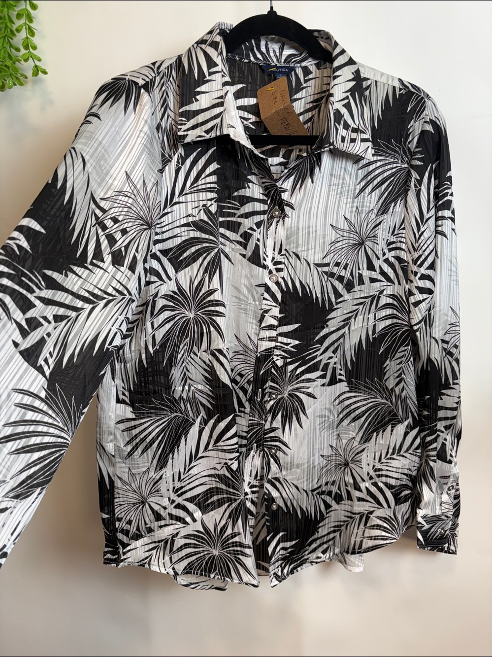 Nautical Blouse. Black and white tropical print. Size Large. Long sleeve